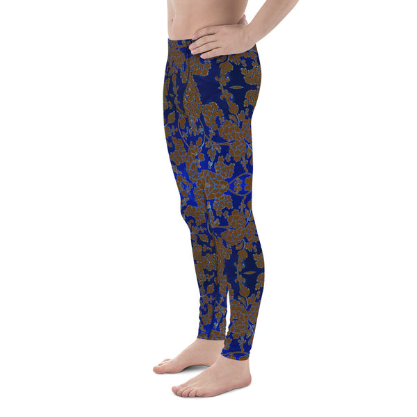 Floral Pattern Best Men's Leggings, Best Brown and Blue Oriental Style Floral Print Abstract Designer Print Sexy Meggings Men's Workout Gym Tights Leggings, Men's Compression Tights Pants - Made in USA/ EU/ MX (US Size: XS-3XL)&nbsp;