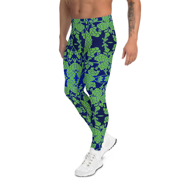 Floral Pattern Best Men's Leggings, Best Green and Blue Oriental Style Floral Print Abstract Designer Print Sexy Meggings Men's Workout Gym Tights Leggings, Men's Compression Tights Pants - Made in USA/ EU/ MX (US Size: XS-3XL)&nbsp;