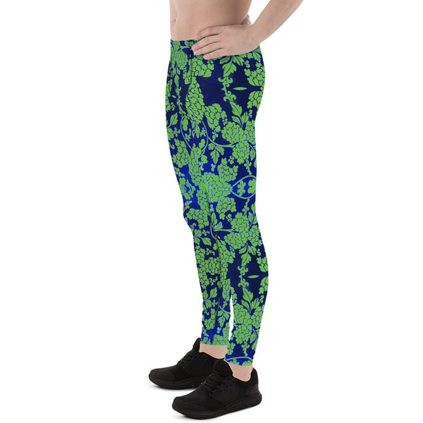 Floral Pattern Best Men's Leggings, Best Green and Blue Oriental Style Floral Print Abstract Designer Print Sexy Meggings Men's Workout Gym Tights Leggings, Men's Compression Tights Pants - Made in USA/ EU/ MX (US Size: XS-3XL)&nbsp;