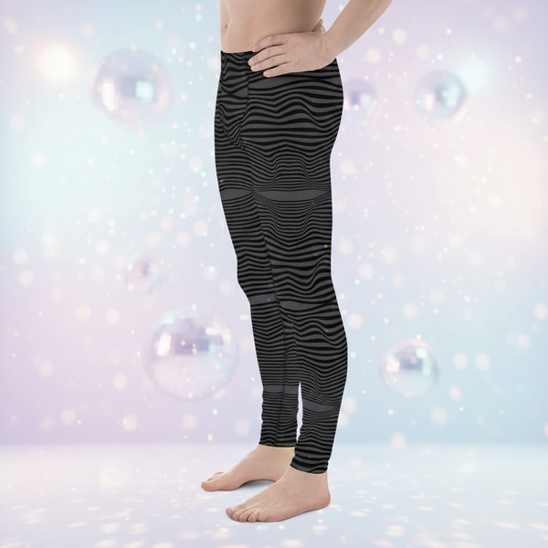 Grey Black Wavy Men's Leggings, Black Retro Style Wavy Designer Men's Compression Sports Tights - Made in USA/EU/MX