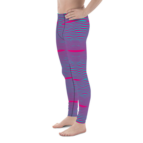 Pink Blue Curvy Men's Leggings, Great Wave Wavy Groovy Retro Style Abstract Pattern Designer Print Sexy Meggings Men's Workout Gym Tights Leggings, Men's Compression Tights Pants - Made in USA/ EU/ MX (US Size: XS-3XL) Patterned Leggings For Men, Tights Workout, Men's Compression Pants, Mens Festival Leggings, Mens Leggings Fashion, Mens Tights, Men Wavy Striped Sports Tights, Retro Waves Print Men's Leggings&nbsp;