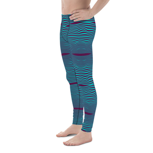 Purple Blue Curvy Men's Leggings, Great Wave Wavy Groovy Retro Style Abstract Pattern Designer Print Sexy Meggings Men's Workout Gym Tights Leggings, Men's Compression Tights Pants - Made in USA/ EU/ MX (US Size: XS-3XL) Patterned Leggings For Men, Tights Workout, Men's Compression Pants, Mens Festival Leggings, Mens Leggings Fashion, Mens Tights, Men Wavy Striped Sports Tights, Retro Waves Print Men's Leggings&nbsp;