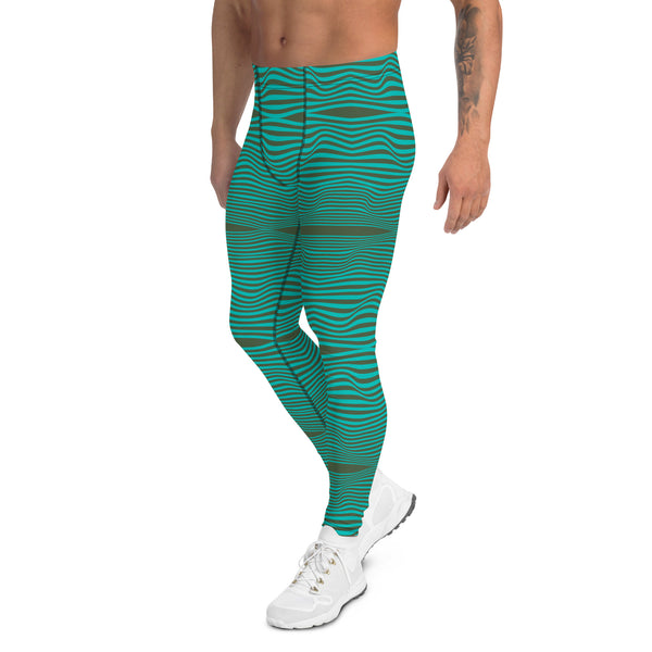 Green Blue Curvy Men's Leggings, Great Wave Wavy Groovy Retro Style Abstract Pattern Designer Print Sexy Meggings Men's Workout Gym Tights Leggings, Men's Compression Tights Pants - Made in USA/ EU/ MX (US Size: XS-3XL) Patterned Leggings For Men, Tights Workout, Men's Compression Pants, Mens Festival Leggings, Mens Leggings Fashion, Mens Tights, Men Wavy Striped Sports Tights, Retro Waves Print Men's Leggings&nbsp;