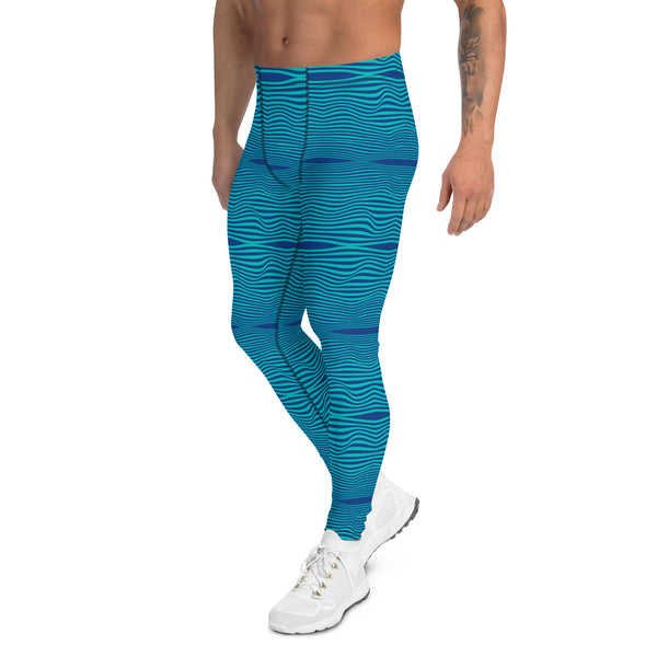 Blue Curvy Men's Leggings, Great Wave Wavy Groovy Retro Style Abstract Pattern Designer Print Sexy Meggings Men's Workout Gym Tights Leggings, Men's Compression Tights Pants - Made in USA/ EU/ MX (US Size: XS-3XL)&nbsp;Patterned Leggings For Men, Tights Workout, Men's Compression Pants, Mens Festival Leggings, Mens Leggings Fashion, Mens Tights, Men Wavy Striped Sports Tights, Retro Waves Print Men's Leggings&nbsp;