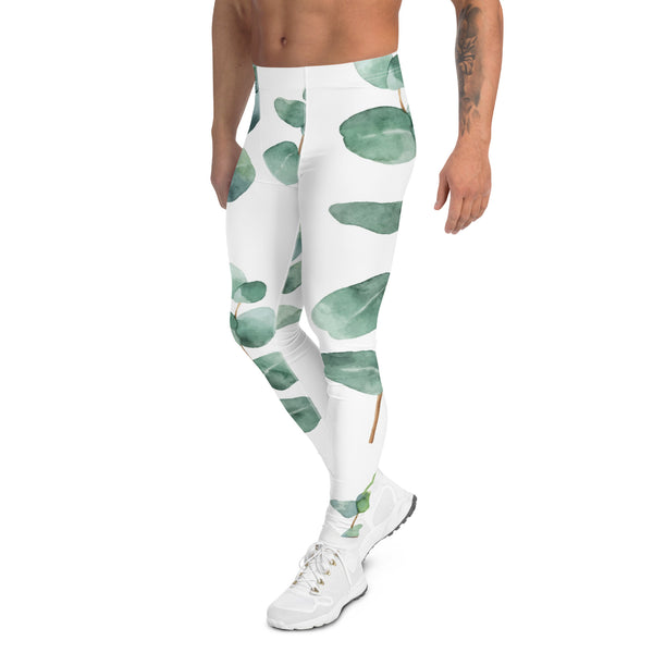 Green Eucalyptus Printed Men's Leggings, Green Eucalyptus Pattern Designer Print Sexy Meggings Men's Workout Gym Tights Leggings, Men's Compression Tights Pants - Made in USA/ EU/ MX (US Size: XS-3XL) Patterned Leggings For Men, Tights Workout, Men's Compression Pants, Mens Festival Leggings, Mens Leggings Fashion, Mens Tights&nbsp;
