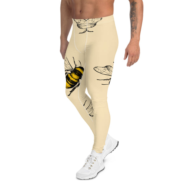 Yellow Bees Printed Men's Leggings, Pastel Yellow Been Pattern Designer Print Sexy Meggings Men's Workout Gym Tights Leggings, Men's Compression Tights Pants - Made in USA/ EU/ MX (US Size: XS-3XL) Patterned Leggings For Men, Tights Workout, Men's Compression Pants, Mens Festival Leggings, Mens Leggings Fashion, Mens Tights&nbsp;