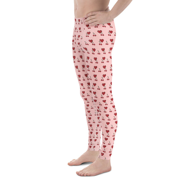 Pink Hearts Men's Leggings, Red Cherries Printed Best Gay Friendly Hearts Print Valentine's Day Pattern Designer Print&nbsp; Meggings Men's Workout Gym Tights Leggings, Men's Compression Tights Pants - Made in USA/ EU/ MX (US Size: XS-3XL) Patterned Leggings For Men, Tights Workout, Men's Compression Pants, Mens Festival Leggings, Mens Leggings Fashion, Mens Tights&nbsp;