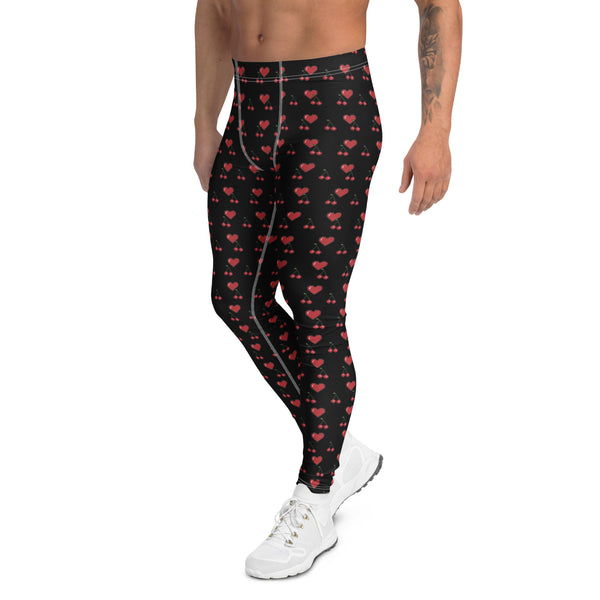 Black Red Hearts Men's Leggings, Red Cherries Printed Best Gay Friendly Hearts Print Valentine's Day Pattern Designer Print&nbsp; Meggings Men's Workout Gym Tights Leggings, Men's Compression Tights Pants - Made in USA/ EU/ MX (US Size: XS-3XL) Patterned Leggings For Men, Tights Workout, Men's Compression Pants, Mens Festival Leggings, Mens Leggings Fashion, Mens Tights&nbsp;