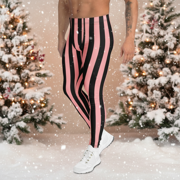 Pastel Pink Black Striped Meggings, Men's Leggings