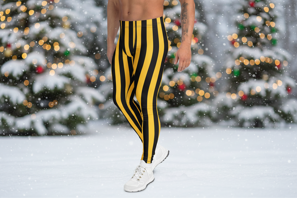 Yellow Black Striped Meggings, Men's Leggings