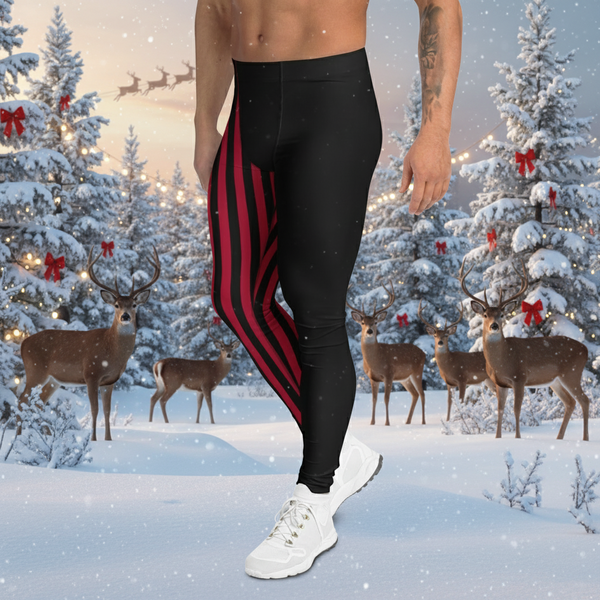 Red Black Striped Meggings, Designer Men's Leggings