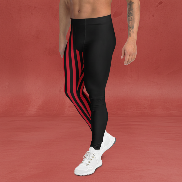 Red Black Striped Meggings, Vertical Stripes Men's Leggings