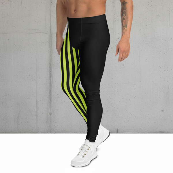 Green Black Striped Meggings, Black and Green Stripes Men's Leggings