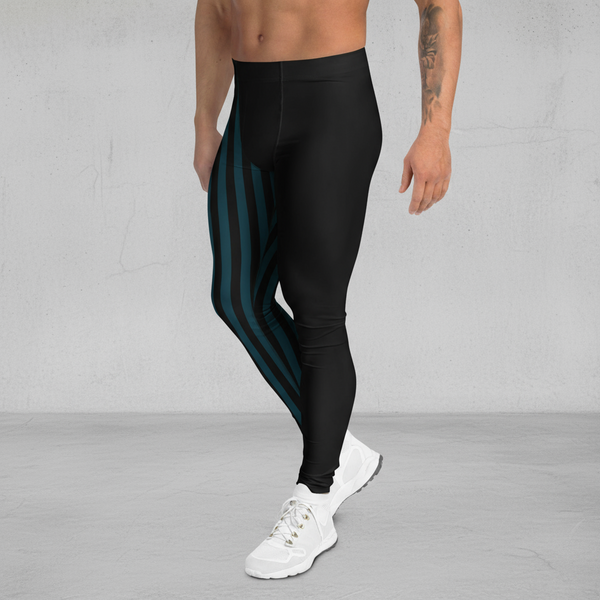 Teal Blue Black Striped Meggings, Best Men's Leggings