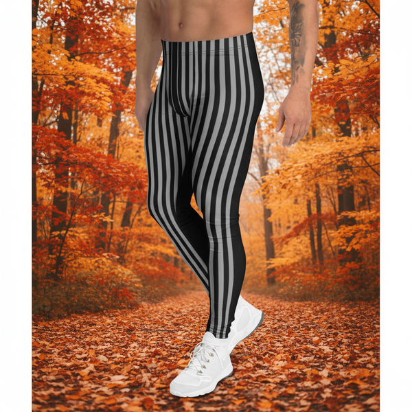Grey Black Striped Meggings, Men's Leggings