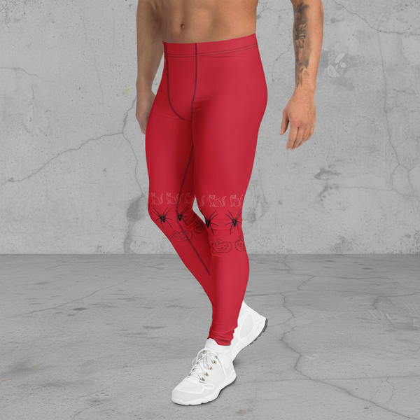 Red Halloween Meggings, Spiders Pumpkin Cat Men's Leggings