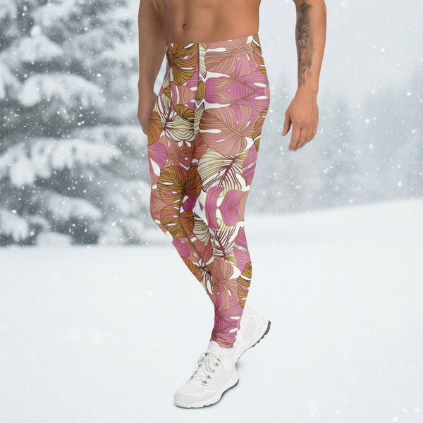 Pink Tropical Leaves Meggings, Printed Men's Leggings