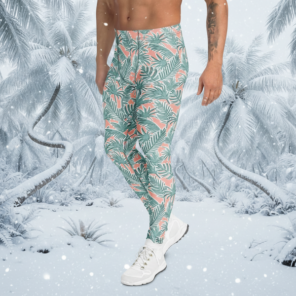 Pink Tropical Leaves Print Meggings, Best Men's Leggings