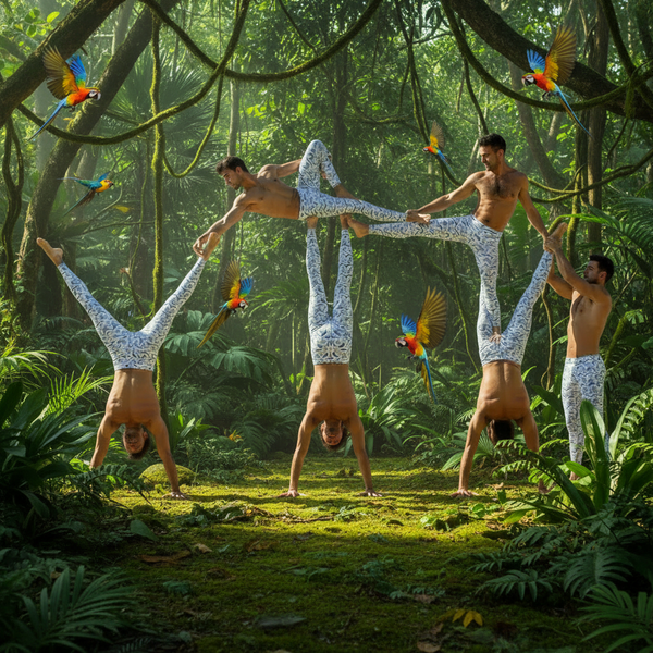 Five shirtless men in matching white patterned pants perform synchronized handstands and balances in a lush green jungle with hanging vines and colorful parrots flying around.