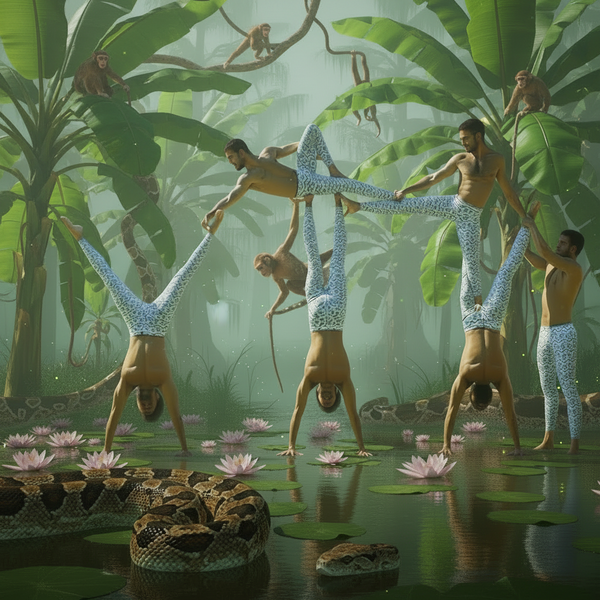 A surreal jungle scene with several shirtless men in patterned white and blue leggings performing handstands and balances over lotus flowers and water, while monkeys sit in the trees. A large snake coils in the foreground among lily pads.