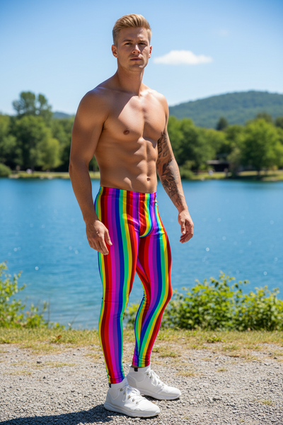 Bright Rainbow Men's Leggings, Colorful Gay Pride Festival Parade Tights-Made in USA/EU/MX