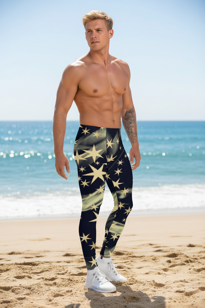 Black Starry Print Men's Leggings, Stars Pattern Meggings Compression Tights-Made in USA/EU/MX