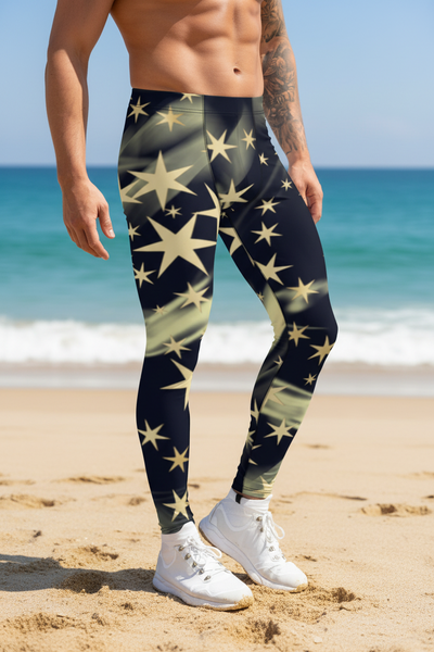 Black Starry Print Men's Leggings, Star Print Designer Meggings Compression Tights-Made in USA/EU/MX