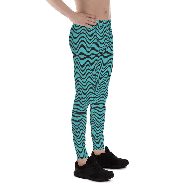 Black Blue Curvy Men's Leggings, Great Wave Abstract Pattern Designer Print Sexy Meggings Men's Workout Gym Tights Leggings, Men's Compression Tights Pants - Made in USA/ EU/ MX (US Size: XS-3XL)&nbsp;Patterned&nbsp;Leggings For Men, Tights Workout, Men's Compression Pants, Mens Festival Leggings, Mens Leggings Fashion, Mens Tights