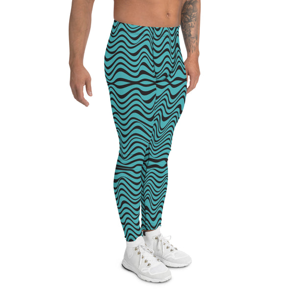 Black Blue Curvy Men's Leggings, Great Wave Abstract Pattern Designer Print Sexy Meggings Men's Workout Gym Tights Leggings, Men's Compression Tights Pants - Made in USA/ EU/ MX (US Size: XS-3XL)&nbsp;Patterned&nbsp;Leggings For Men, Tights Workout, Men's Compression Pants, Mens Festival Leggings, Mens Leggings Fashion, Mens Tights