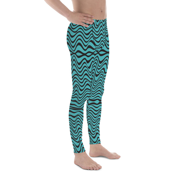 Black Blue Curvy Men's Leggings, Great Wave Abstract Pattern Designer Print Sexy Meggings Men's Workout Gym Tights Leggings, Men's Compression Tights Pants - Made in USA/ EU/ MX (US Size: XS-3XL)&nbsp;Patterned&nbsp;Leggings For Men, Tights Workout, Men's Compression Pants, Mens Festival Leggings, Mens Leggings Fashion, Mens Tights