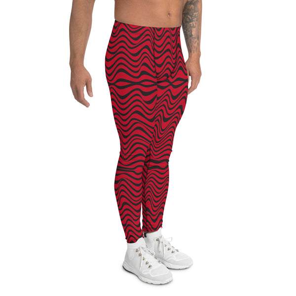 Red Black Curvy Men's Leggings, Great Wave Abstract Pattern Designer Print Sexy Meggings Men's Workout Gym Tights Leggings, Men's Compression Tights Pants - Made in USA/ EU/ MX (US Size: XS-3XL)&nbsp;Patterned&nbsp;Leggings For Men, Tights Workout, Men's Compression Pants, Mens Festival Leggings, Mens Leggings Fashion, Mens Tights