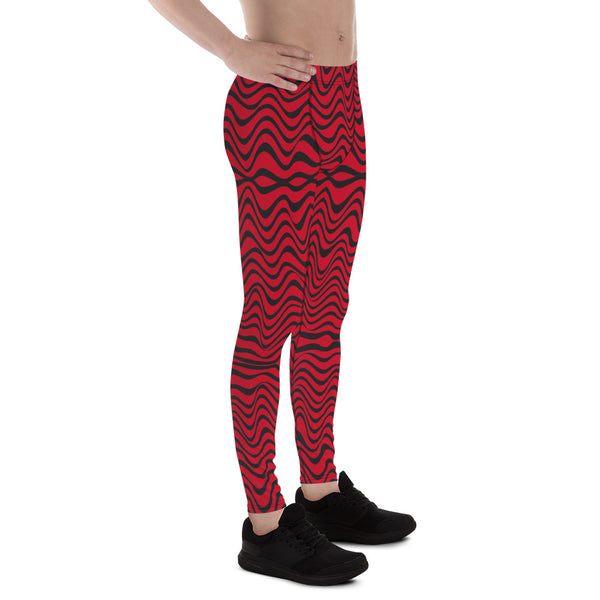 Red Black Curvy Men's Leggings, Great Wave Abstract Pattern Designer Print Sexy Meggings Men's Workout Gym Tights Leggings, Men's Compression Tights Pants - Made in USA/ EU/ MX (US Size: XS-3XL)&nbsp;Patterned&nbsp;Leggings For Men, Tights Workout, Men's Compression Pants, Mens Festival Leggings, Mens Leggings Fashion, Mens Tights