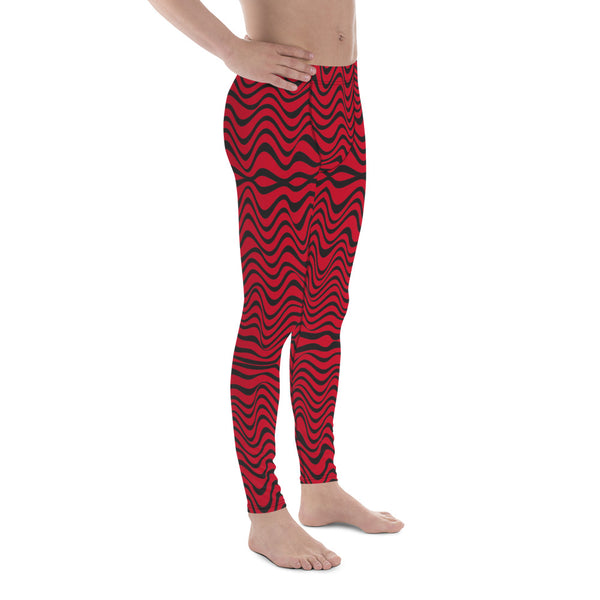 Red Black Curvy Men's Leggings, Great Wave Abstract Pattern Designer Print Sexy Meggings Men's Workout Gym Tights Leggings, Men's Compression Tights Pants - Made in USA/ EU/ MX (US Size: XS-3XL)&nbsp;Patterned&nbsp;Leggings For Men, Tights Workout, Men's Compression Pants, Mens Festival Leggings, Mens Leggings Fashion, Mens Tights