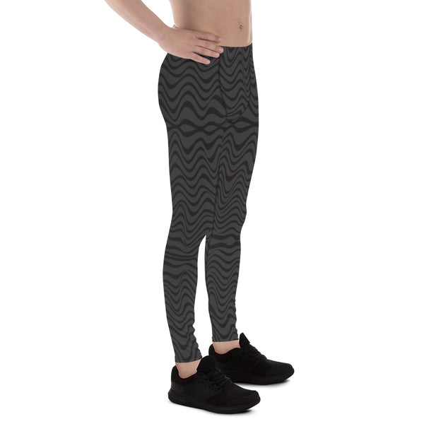 Black Grey Curvy Men's Leggings, Great Wave Abstract Pattern Designer Print Sexy Meggings Men's Workout Gym Tights Leggings, Men's Compression Tights Pants - Made in USA/ EU/ MX (US Size: XS-3XL) Patterned&nbsp;Leggings For Men, Tights Workout, Men's Compression Pants, Mens Festival Leggings, Mens Leggings Fashion, Mens Tights