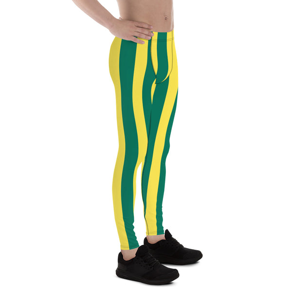 Green Yellow Striped Men's Leggings, Vertical Striped Designer Print Sexy Meggings Men's Workout Gym Tights Leggings, Men's Compression Tights Pants - Made in USA/ EU/ MX (US Size: XS-3XL)&nbsp;