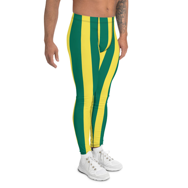 Green Yellow Striped Men's Leggings, Vertical Striped Meggings Compression Tights For Men- Made in USA/EU/MX