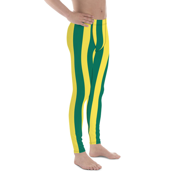 Green Yellow Striped Men's Leggings, Vertical Striped Meggings Compression Tights For Men- Made in USA/EU/MX