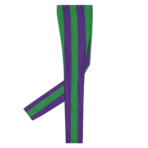 Purple Green Stripes Men's Leggings, Vertically Striped Designer Print Sexy Meggings Men's Workout Gym Tights Leggings, Men's Compression Tights Pants - Made in USA/ EU/ MX (US Size: XS-3XL) 