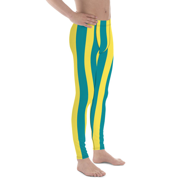 Blue Yellow Stripes Men's Leggings, Colorful Patterned Designer Best Men's Leggings - Made in USA/EU/MX