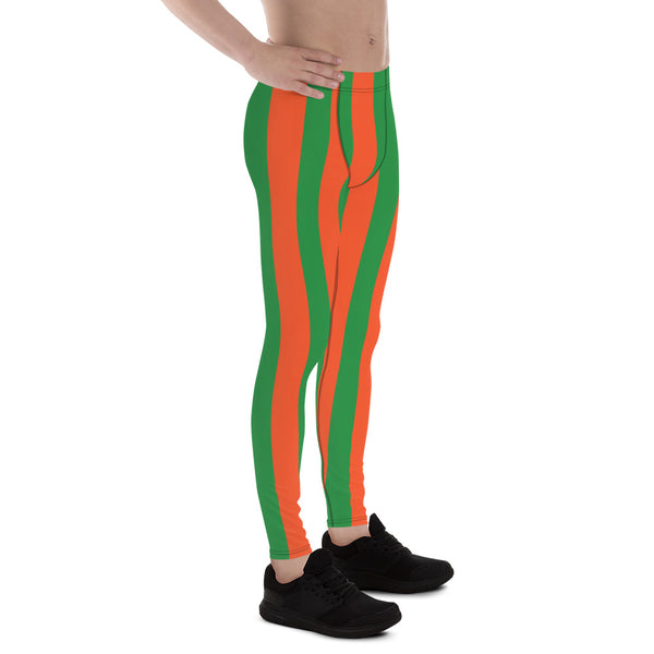 Orange Green Stripes Men's Leggings, Vertically Striped Designer Print Sexy Meggings Men's Workout Gym Tights Leggings, Men's Compression Tights Pants - Made in USA/ EU/ MX (US Size: XS-3XL) 