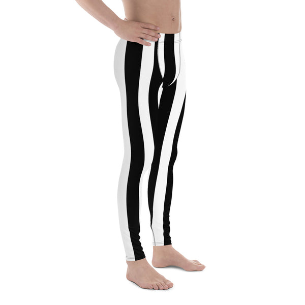 White Black Stripes Men's Leggings, Best Vertically Striped Print Designer Print Sexy Meggings Men's Workout Gym Tights Leggings, Men's Compression Tights Pants - Made in USA/ EU/ MX (US Size: XS-3XL) 