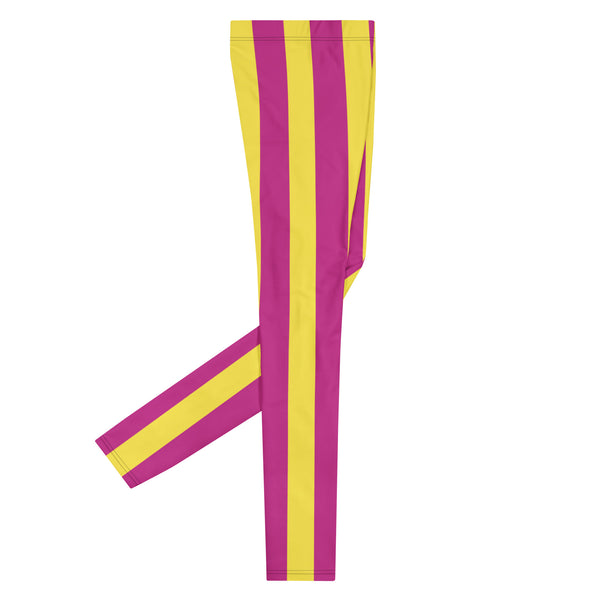 Pink Yellow Stripes Men's Leggings, Vertically Striped Print Designer Print Sexy Meggings Men's Workout Gym Tights Leggings, Men's Compression Tights Pants - Made in USA/ EU/ MX (US Size: XS-3XL) 