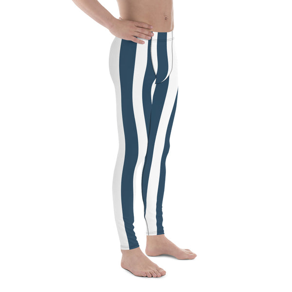 Blue White Stripes Men's Leggings, Colorful Patterned Designer Best Men's Leggings - Made in USA/EU/MX