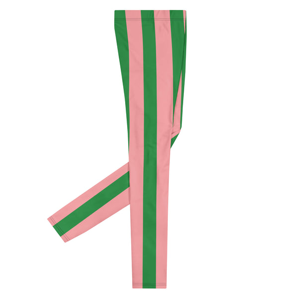 Pink Green Stripes Men's Leggings, Pale Pink Vertically Striped Designer Print Sexy Meggings Men's Workout Gym Tights Leggings, Men's Compression Tights Pants - Made in USA/ EU/ MX (US Size: XS-