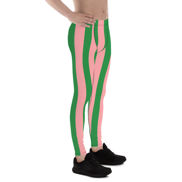 Pink Green Stripes Men's Leggings, Pale Pink Vertically Striped Designer Print Sexy Meggings Men's Workout Gym Tights Leggings, Men's Compression Tights Pants - Made in USA/ EU/ MX (US Size: XS-