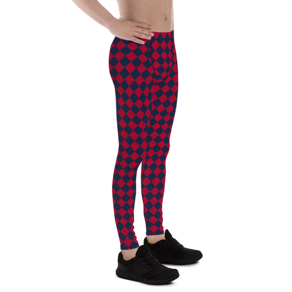 Blue Red Checkered Men's Leggings, Check Pants Men, Men's Plaid Pants, Checkered Pants - Made in USA/EU/MX