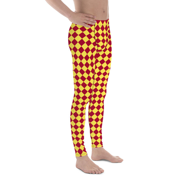 Yellow Red Checkered Men's Leggings, Check Pants Men, Men's Plaid Pants, Checkered Pants - Made in USA/EU/MX