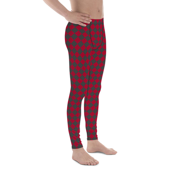Grey Red Checkered Men's Leggings, Check Pants Men, Men's Plaid Pants, Checkered Pants - Made in USA/EU/MX