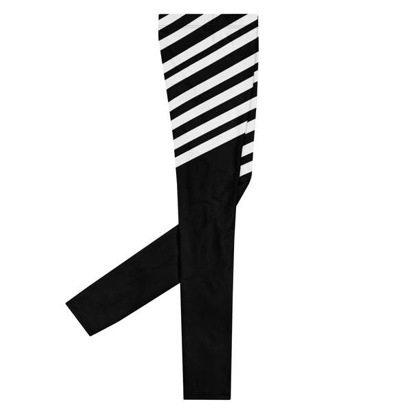 Black and White Sexy Meggings, Designer Diagonally Striped Men's Leggings, Designer Minimalist Black White Modern Sexy Meggings Men's Workout Gym Tights Leggings, Men's Compression Tights Pants - Made in USA/ EU/ MX (US Size: XS-3XL)