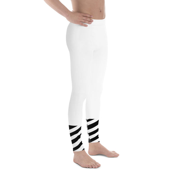 White Striped Black Meggings, Best White Modern Stripes Men's Leggings, Designer Minimalist Black White Modern Meggings-Made in USA/EU/MX